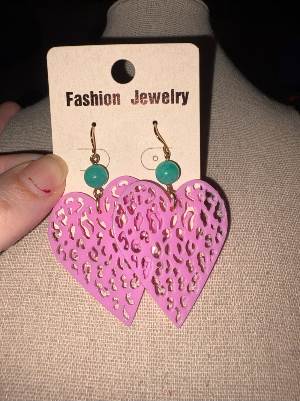Fashion Jewelry Pink Heart Dangle Earrings with Teal Accent